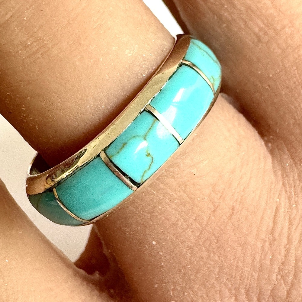 Native American Turquoise Wedding Band Sz 9 Ring 6mm Signed MK Zuni Inlay